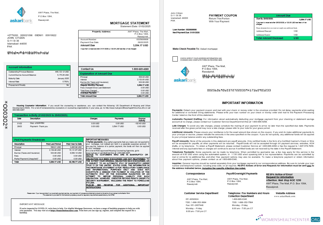 Download Pakistan Askaribank mortgage statement in Word and PDF formats 1 2 Photoshop template
